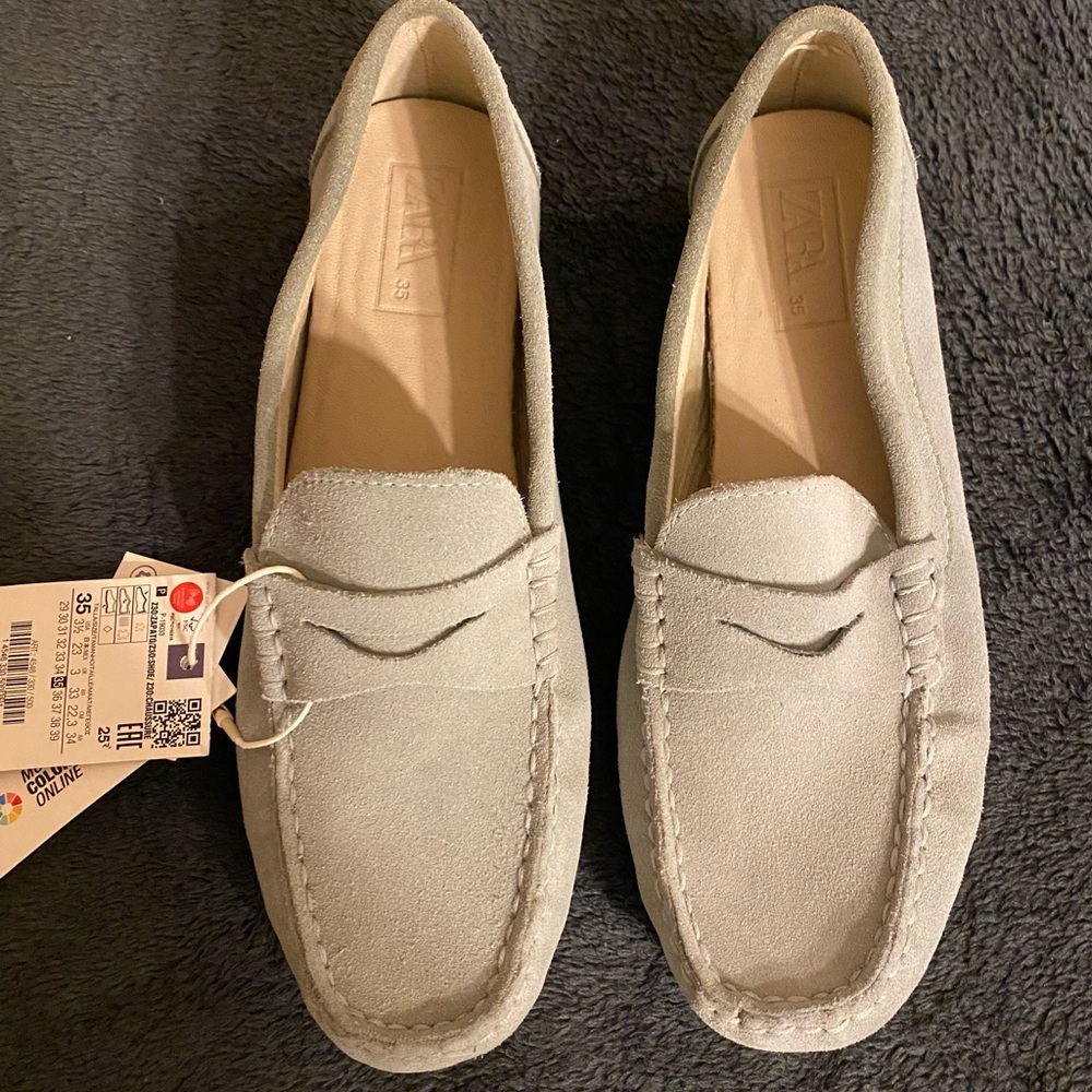 Zara Kids Suede Moccasin Loafers in Light Gray